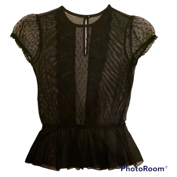 RARE SEXY VINTAGE SHEER BLACK TOP W LACE, CAP SLEEVES CINCHED WAIST BLOUSE - Picture 4 of 11
